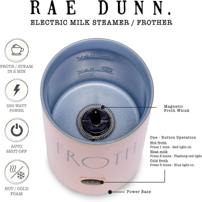 Rae Dunn - Electric Milk Frother - Elegant Automatic Milk Steamer and Frother, Milk Warmer, Hot and Cold Frothing Machine for Coffee, Latte, Cappuccino, Macchiato,