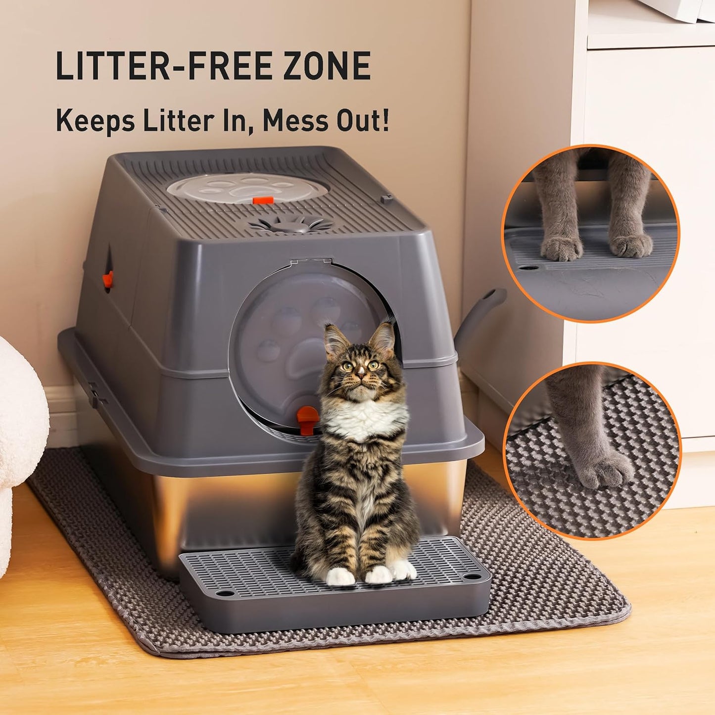Citylife Stainless Steel Litter Box with Lid Flip-Top Removable High Enclosed Cat Litter Box with Litter Mat Step&Litter Scoop Metal Litter Pan Easy Cleaning Odor-Resistant Large Space for Cats Black