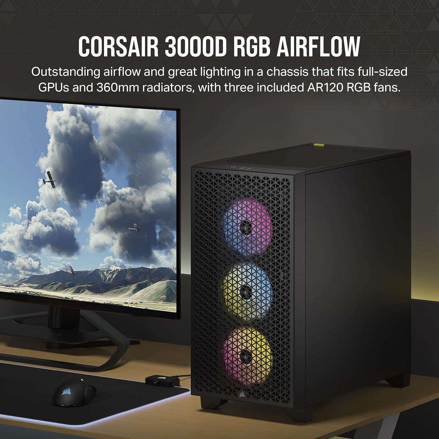 CORSAIR 3000D Airflow Mid-Tower PC Case – 2X SP120 Elite Fans – Four-Slot GPU Support – Fits up to 8X 120mm Fans – High-Airflow Design – Black