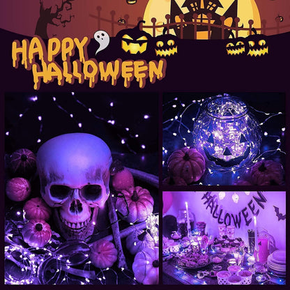 Solar Halloween Decoration Lights, JMEXSUSS 2 Pack 33FT 100 LED Orange and Purple Halloween String Lights, Halloween Lights with 8 Modes for Halloween Tree Yard Outdoor Spooky Party Garden Decorations
