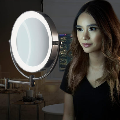 Zadro LED Wall Mount Makeup Mirror with Magnification, 360° Rotation, 48 cm Extension (37cm x 28cm | 5X/1X | Satin Nickel)