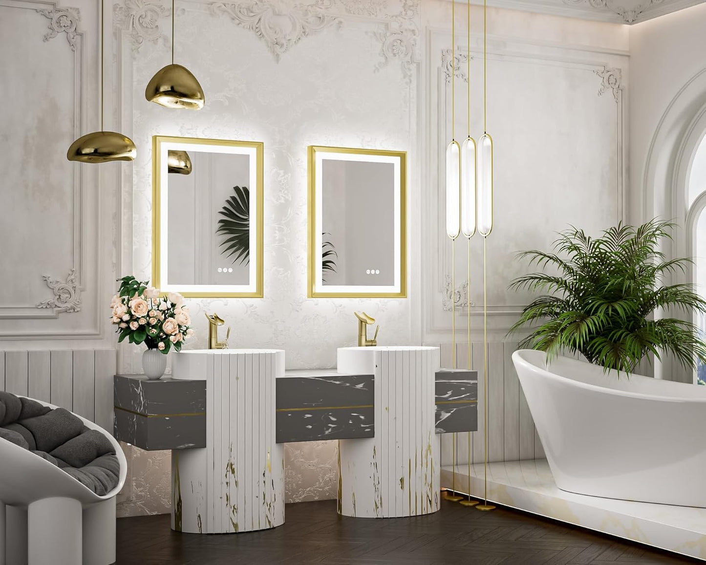 TETOTE 28x36 LED Mirror for Bathroom Black Metal Frame Frontlit & Backlit Lighted Vanity Mirror Baroque Gothic Anti Fog Stepless Dimmable White/Warm/Natural,Wall Mounted(Horizontal/Vertical)