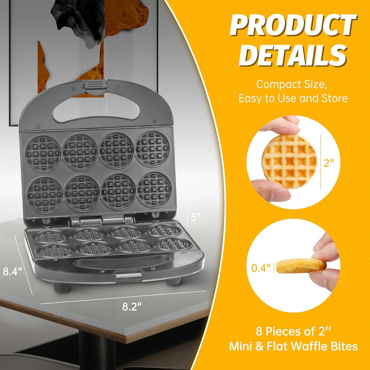 FineMade Mini Waffle Maker Machine, Small Waffle Bites Maker for Kids, Makes 8 x 2” Tiny Waffle Bites, Ideal for Breakfast, Snacks, Desserts and More