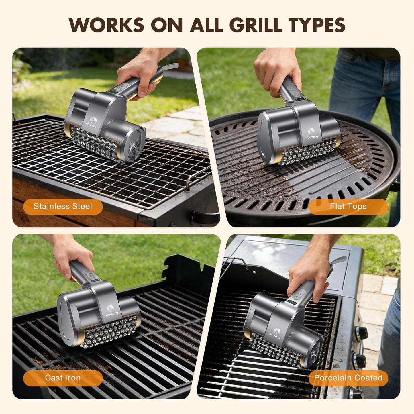 Amzany Cordless Electric Grill Brush — Rechargeable BBQ Cleaner with 3 Replaceable Heads, 2-Speed Powerful Motor, 150-Min Runtime, LED Light for Charcoal, Pellet Grills & Griddles