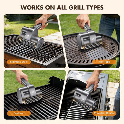 Amzany Cordless Electric Grill Brush — Rechargeable BBQ Cleaner with 3 Replaceable Heads, 2-Speed Powerful Motor, 150-Min Runtime, LED Light for Charcoal, Pellet Grills & Griddles