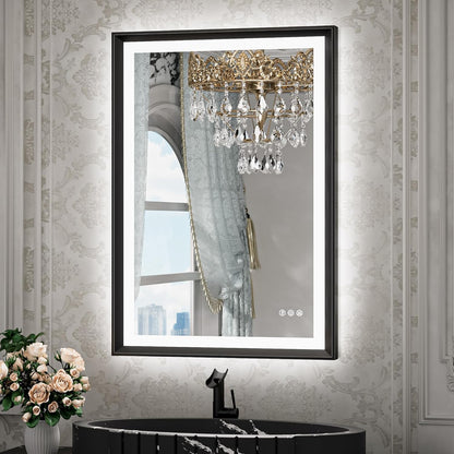 TETOTE 28x36 LED Mirror for Bathroom Black Metal Frame Frontlit & Backlit Lighted Vanity Mirror Baroque Gothic Anti Fog Stepless Dimmable White/Warm/Natural,Wall Mounted(Horizontal/Vertical)