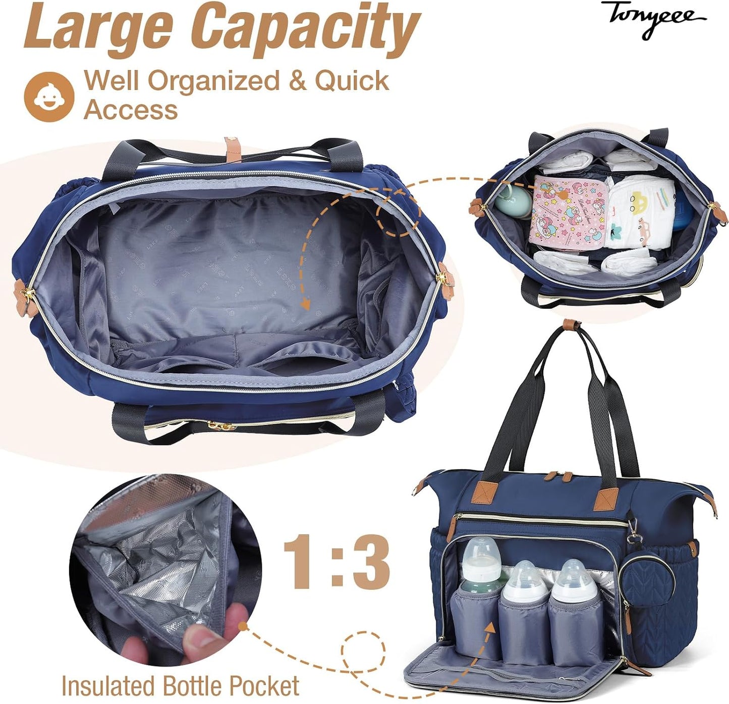 Lekeinchi Baby Diaper Bag, Multifunctional Travel Diaper Bag Tote with Changing Pad and Pacifier Case for Mom