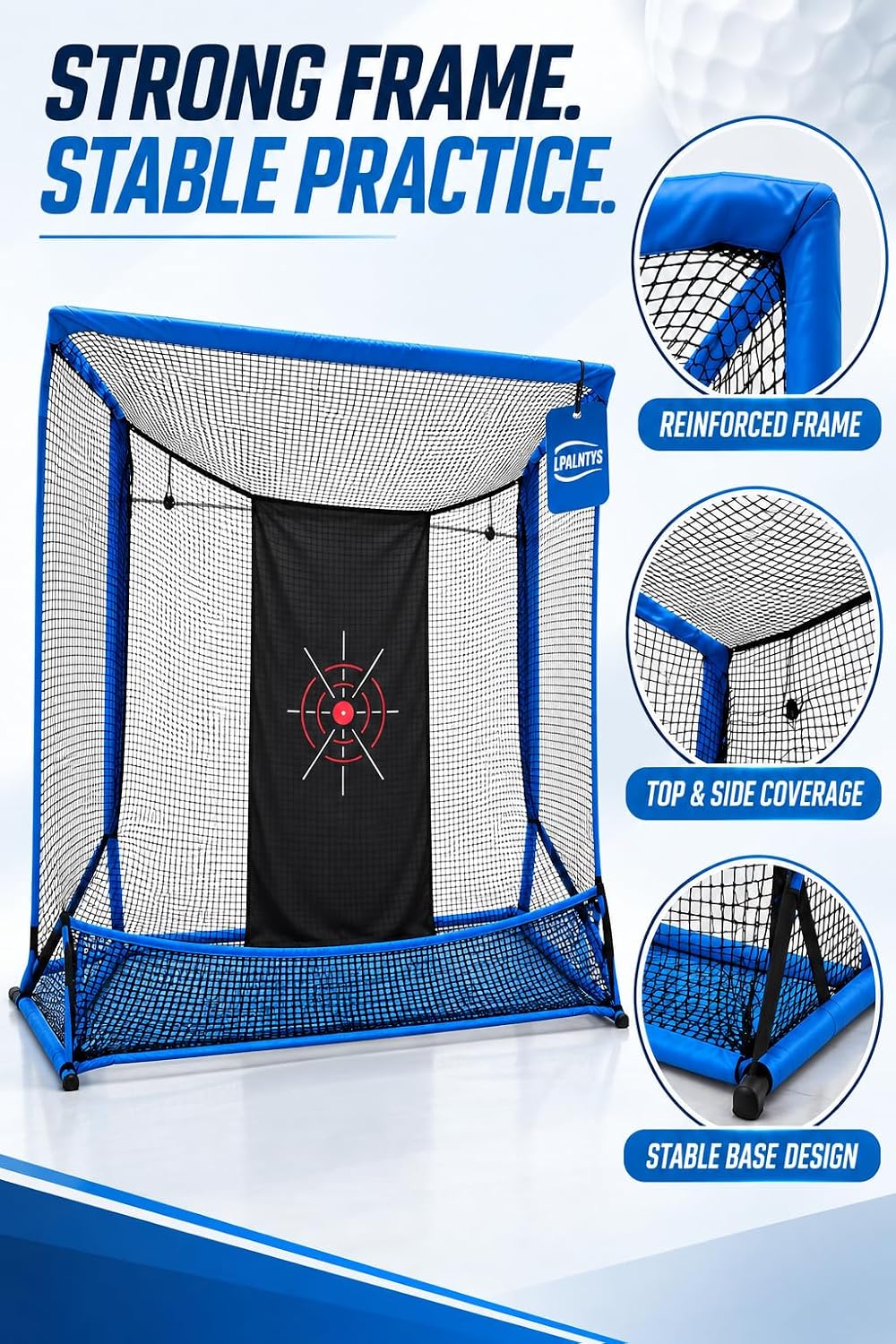 Golf Hitting Net with Extra Striking Net, 10x7ft Heavy Duty Golf Practice Net for Golfer Backyard Driving Swing, Golf Impact Net Cage Metal Frame with Storage Bag and Elevated Base (Blue)