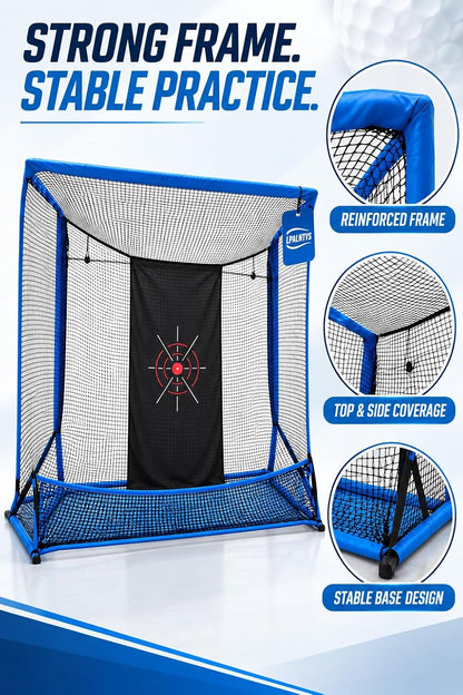 Golf Hitting Net with Extra Striking Net, 10x7ft Heavy Duty Golf Practice Net for Golfer Backyard Driving Swing, Golf Impact Net Cage Metal Frame with Storage Bag and Elevated Base (Blue)