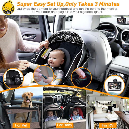 DoHonest Baby Car Camera for Backseat: HD 1080P Easy Setup Carseat Camera Rear Facing Infant - Clear Night Vision 360° Rotating Baby Car Monitor
