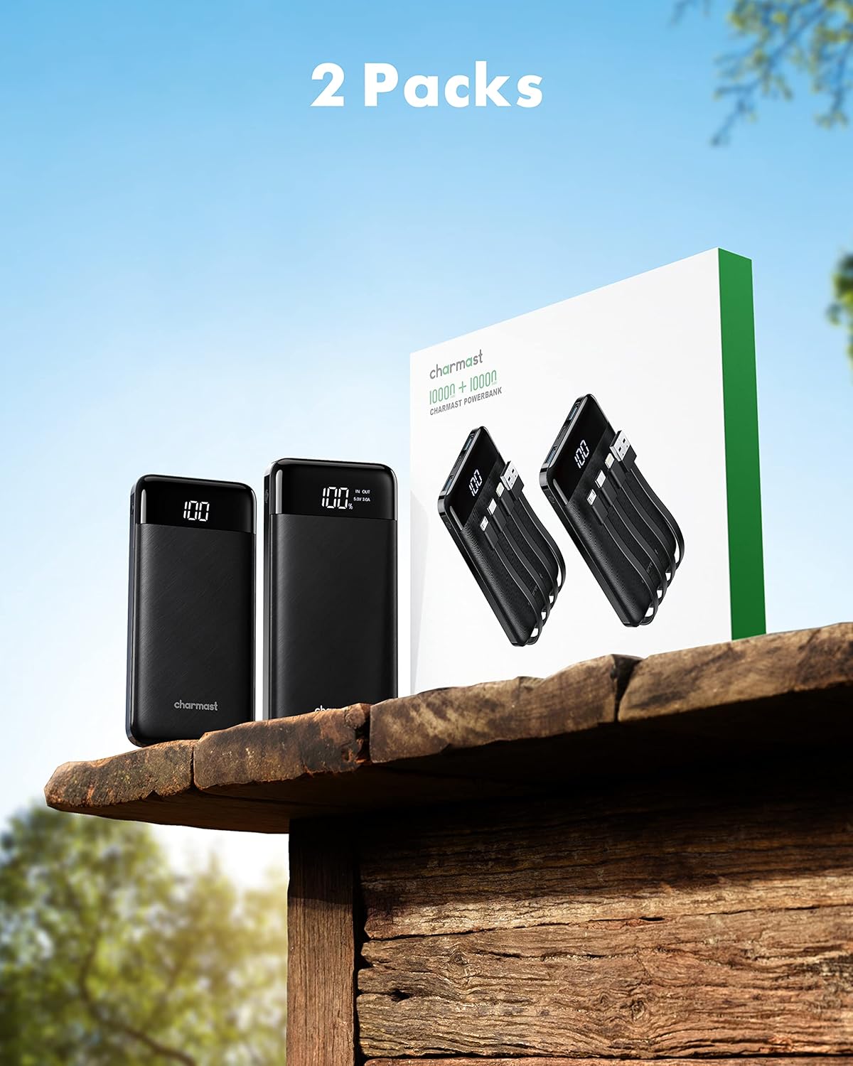 Charmast 2 Pack of Portable Chargers with Built in Cables, 2PCS Slim 10000mAh Travel Essentials Battery Pack 6 Outputs 3A Power Banks for iPhone Samsung Pixel LG Moto iPad (Black + White)