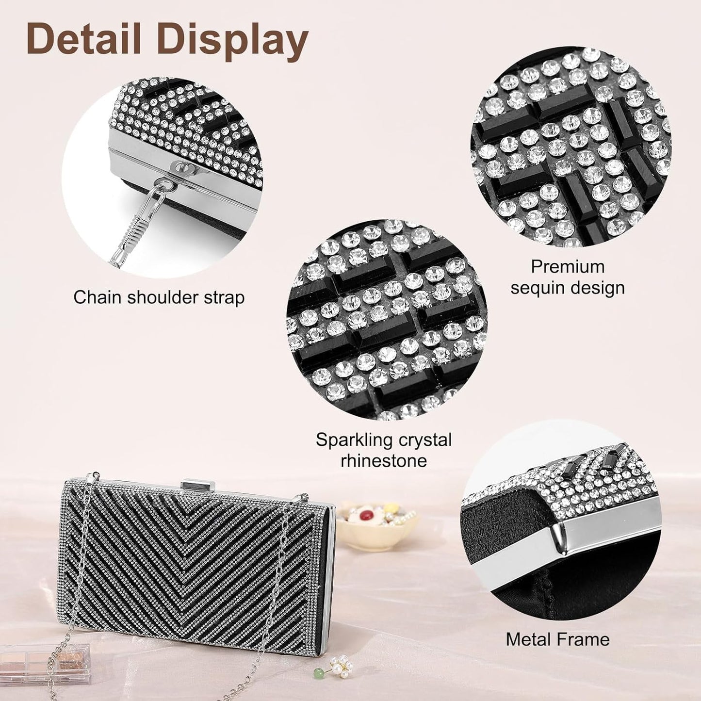 DTGN Evening Bags Clutch Purses for Women Formal, Crossbody Handbags Rhinestone Sequins Clasp Purse for Wedding Guest Party