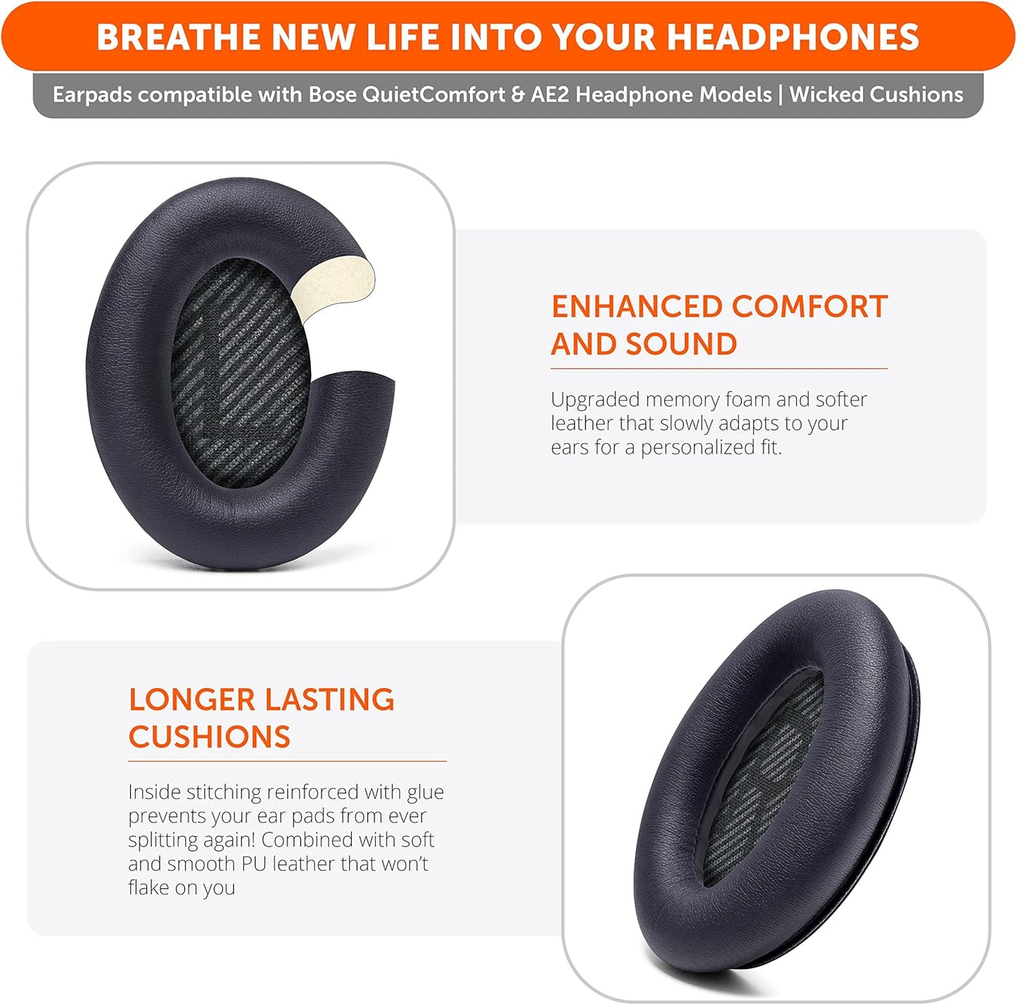 WC Wicked Cushions Upgraded Replacement Ear Pads for Bose QC35 & QC35ii (QuietComfort 35) Headphones & More - Softer Leather, Luxurious Memory Foam, Added Thickness, Extra Durability | Midnight Blue