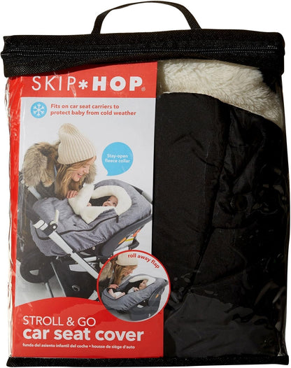 Skip Hop Winter Car Seat Cover – Stroll & Go, Black | Universal Fit Infant Car Seat Cover for Cold Weather, Windproof & Cozy Fleece Baby Carrier Cover, Zip-Off Front Flap, Warm Travel Accessory