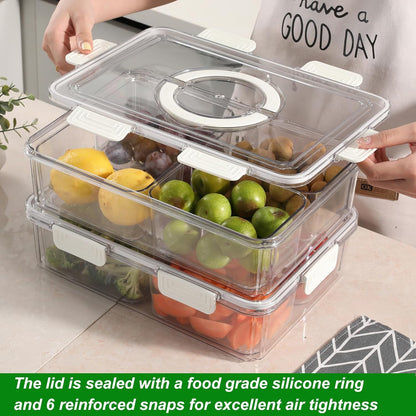 Taiuloo Divided Serving Tray with Lid & Handle, Airtight 4 Compartment Snackle Box Charcuterie Container, Fridge Organizer Bins, Food Storage Container Veggie Tray for Snack, Fruit, Salad, Nut