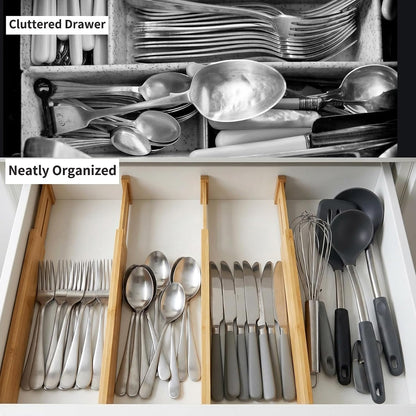 Utoplike 4 Pack Bamboo Kitchen Drawer Dividers,Adjustable Drawer Organizers | Spring Loaded, Works in Kitchen,Dresser, Bathroom, Bedroom, Drawer, Desk