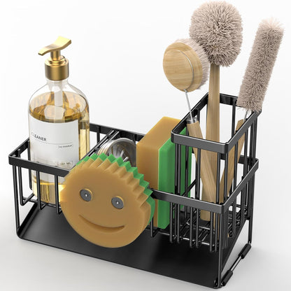 Cisily Kitchen Sink Caddy Organzier with High Brush Holder, Sponge Holder for Sink, 304 Rustproof Stainless, Kitchen Countertop Soap Dispenser Organizer, Kitchen Decor and Accessories (Black)