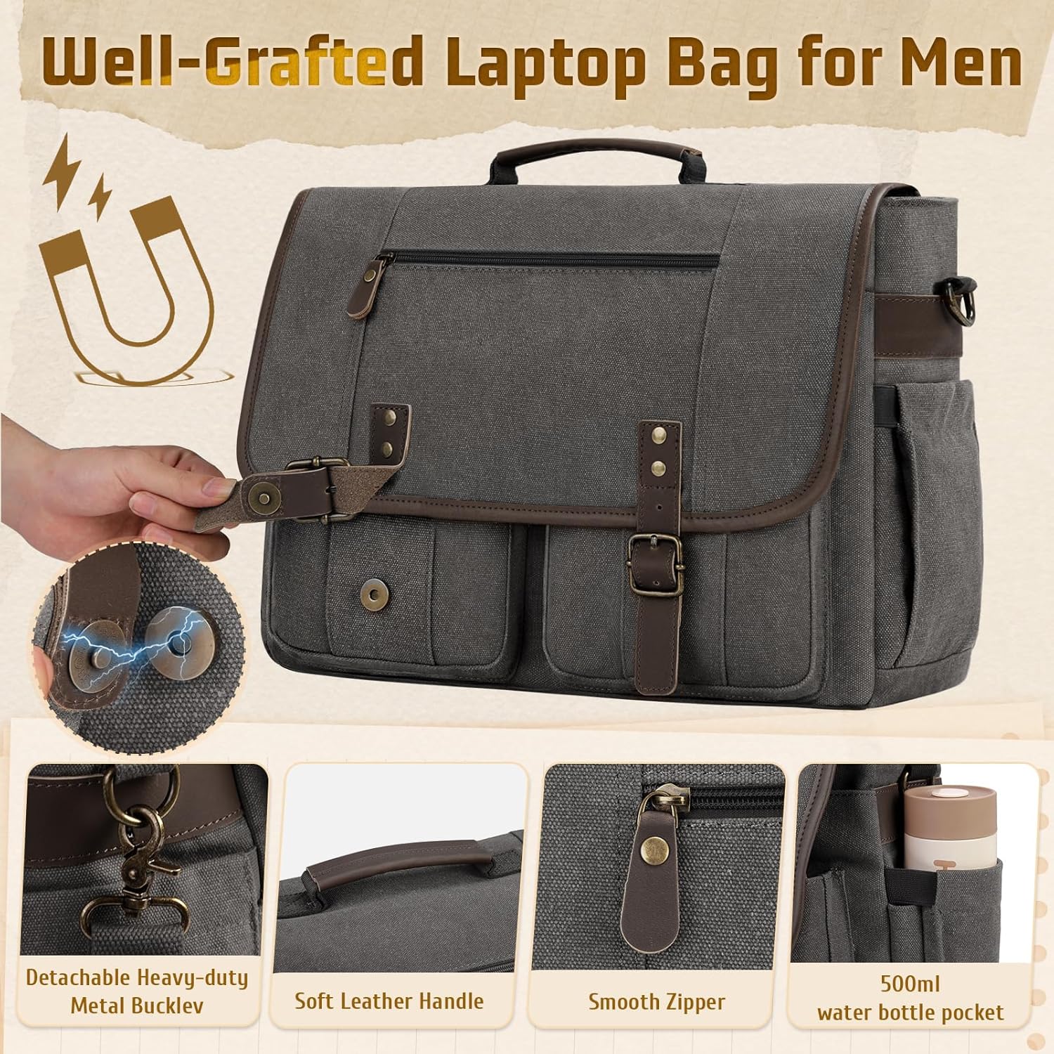RAINSMORE Canvas Messenger Bag Men 17-17.3 Inch Laptop Bag Computer Briefcase Water Resistant Satchel Bag for Men Work Office - PuriLite