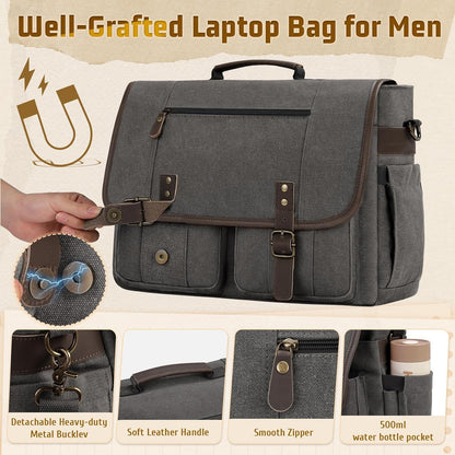 RAINSMORE Canvas Messenger Bag Men 17-17.3 Inch Laptop Bag Computer Briefcase Water Resistant Satchel Bag for Men Work Office - PuriLite