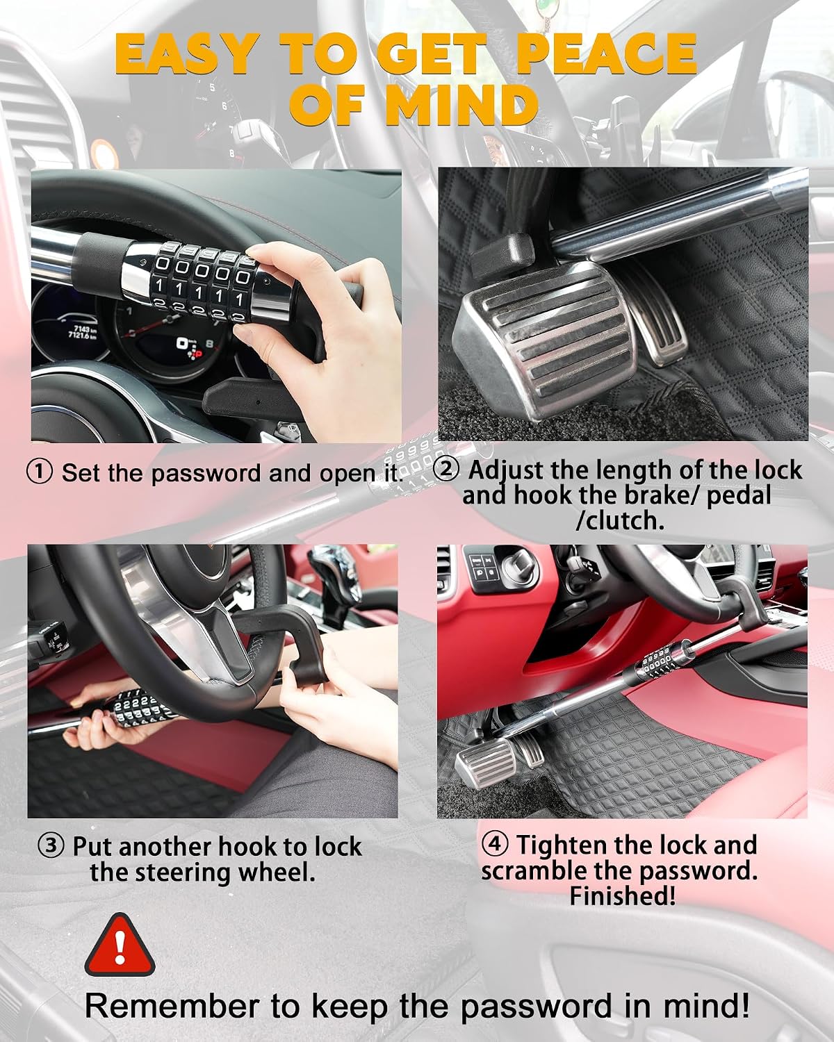 Tevlaphee Steering Wheel Lock Anti Theft Device Retractable Brake Pedal Lock Keyless Password 5 Coded Combination Anti Theft Car Security Device Heavy Duty Universal Fit for Vehicle Car Truck Van SUV