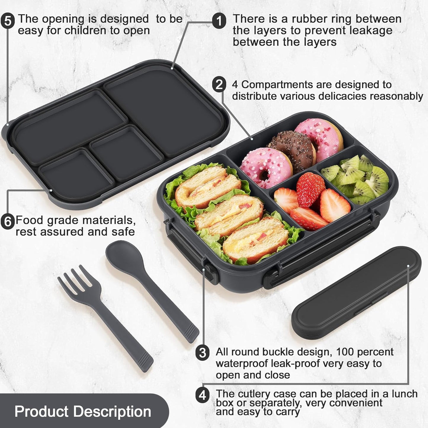 Amathley Lunch Box Kids,Bento Box Adult Lunch Box,Leakproof Lunch Containers for Adults/Kids/Toddler,1200ML-4 Compartments bento Lunch box with Utensil,Microwave & Dishwasher Safe(Dark Gray)