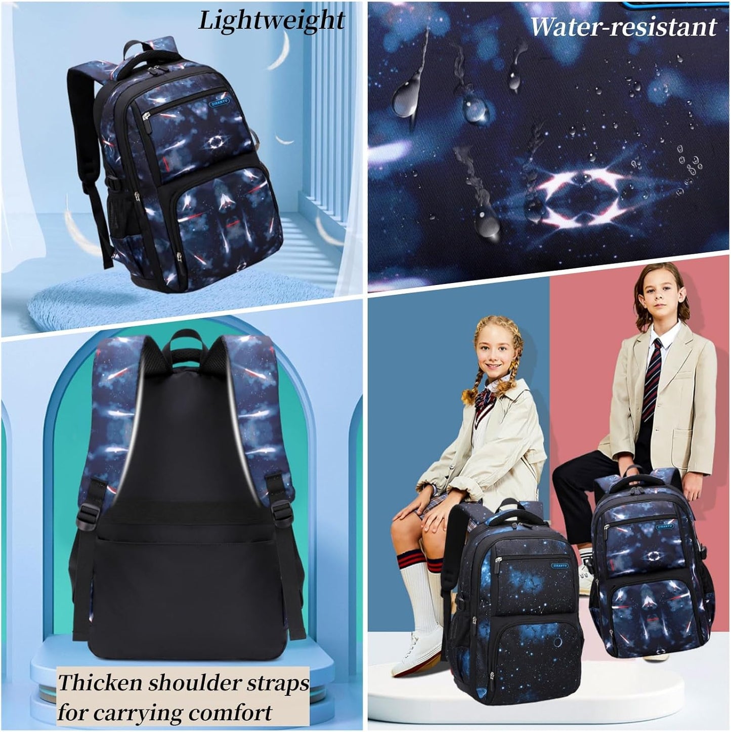 Boys Backpacks Primary Junior High School Bag Kids Bookbag with Lunch Bag 3 in 1 Casual Daypack Set Space Galaxy Durable Knapsack
