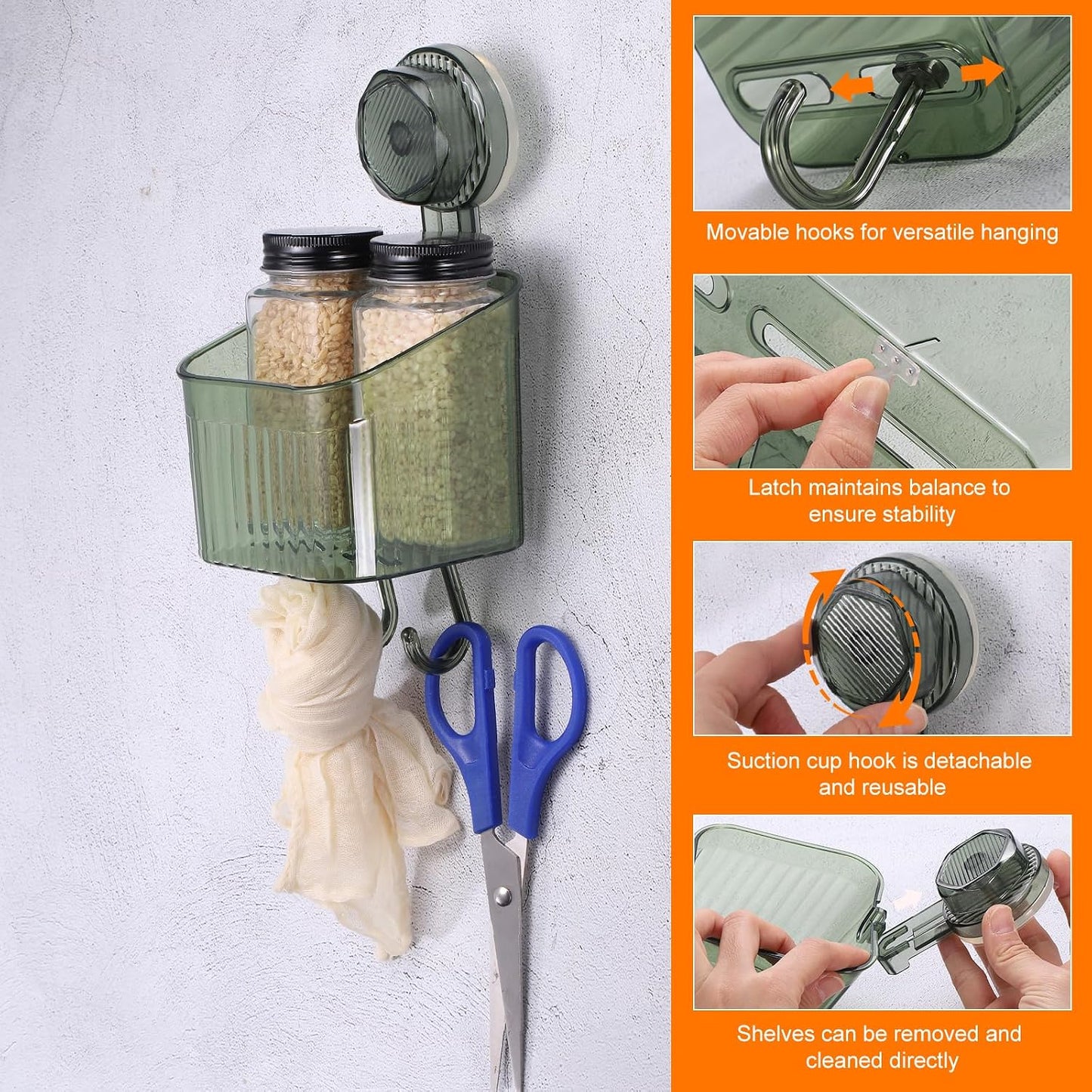 uxcell 1Set Suction Cup Shower Caddy with Hooks, 3Pcs Suction Cup Shower Organizer Shelf Wall Mount Dispenser Rack Storage Shelf for Bathroom Kitchen, Green