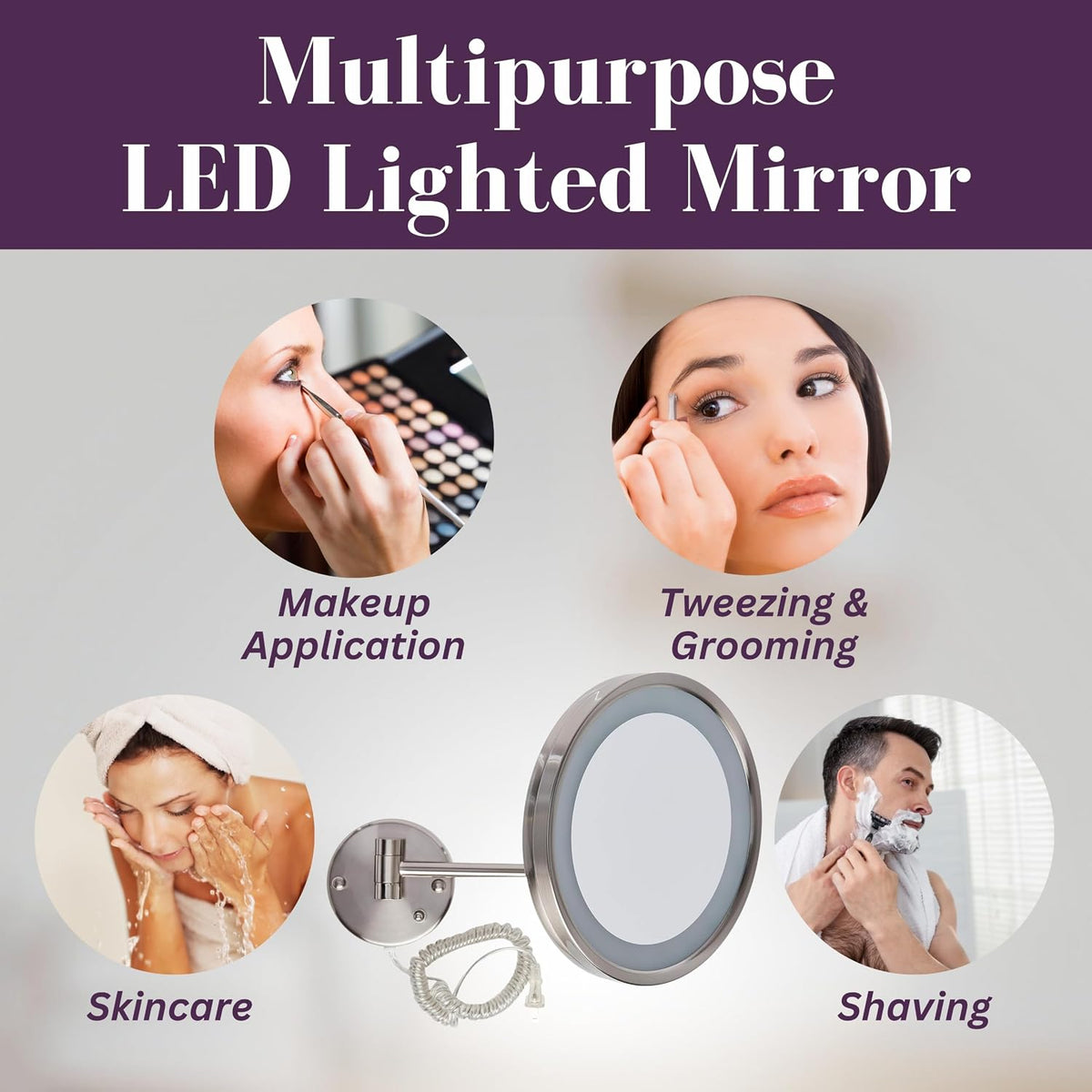 Jerdon HL1016NL 9.5-Inch LED Halo Lighted Wall Mount Mirror with 5x Magnification, 16-Inch Extension, Nickel Finish | 9.5" Diameter, 16" Wall Arm, LED Lighting, Corded Plug-In Power