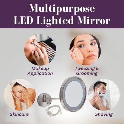 Jerdon HL1016NL 9.5-Inch LED Halo Lighted Wall Mount Mirror with 5x Magnification, 16-Inch Extension, Nickel Finish | 9.5" Diameter, 16" Wall Arm, LED Lighting, Corded Plug-In Power