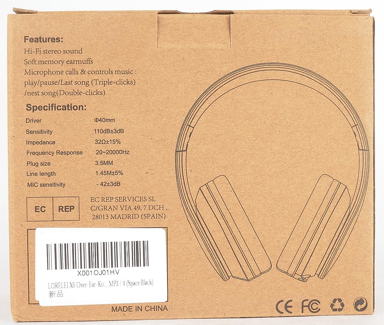 LORELEI X6 Over-Ear Wired Stereo Bass Headphones with Microphone, Lightweight, Foldable & Portable with 1.45M No-Tangle for Smartphone, Tablet, MP3/4, Space Black