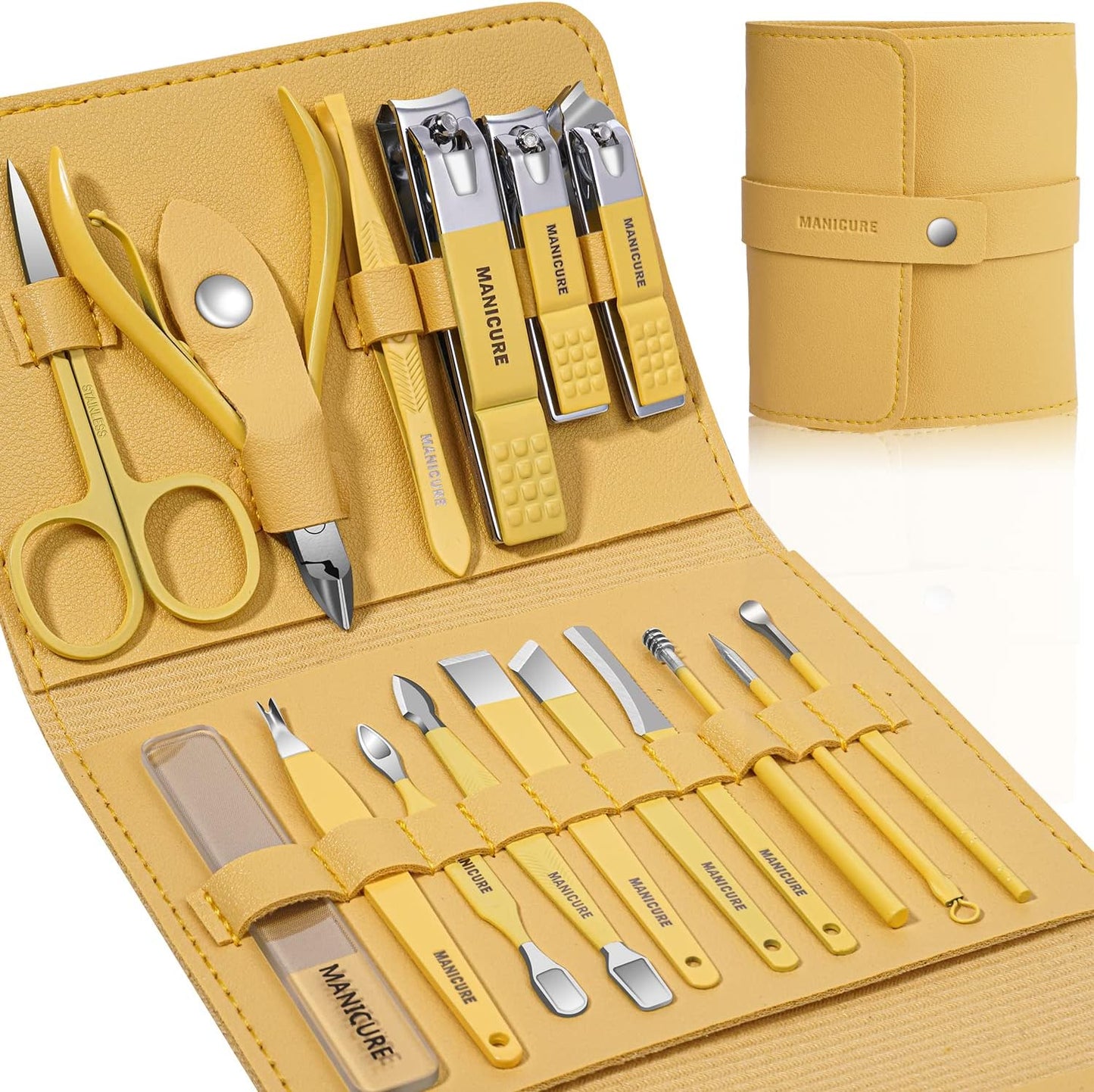 Manicure Set Professional Nail Clippers Pedicure Kit, 16 pcs Stainless Steel Nail Care Tools Grooming Kit with Luxurious Travel Leather Case for Thick Nails Men Women Gift (Black)