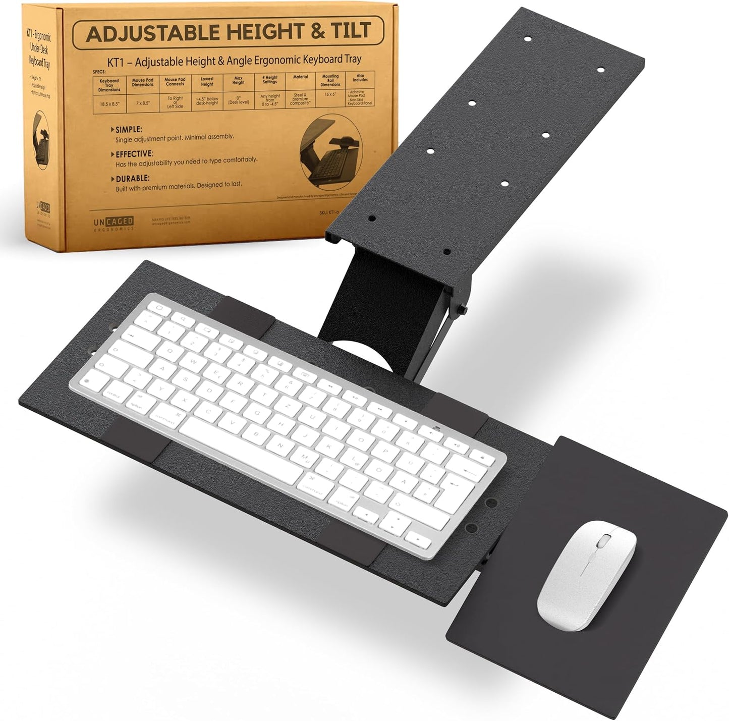 KT1 Ergonomic Under-Desk Computer Keyboard Tray. Adjustable height angle negative tilt sliding pull out drawer platform swivels 360 slides office products furniture desktop accessories with mouse pad