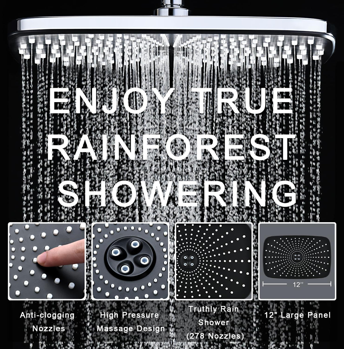 12" High Pressure Rain Shower Head with Handheld, 9 Sprays Hand Showerhead