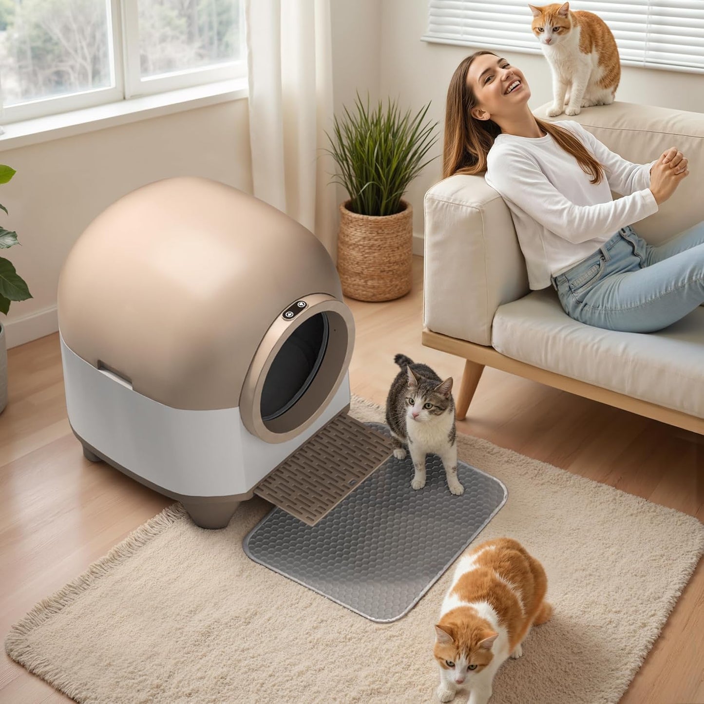 GUNJI Self Cleaning Litter Box, 90L Automatic Cat Litter Box for Multiple Cats, App Control-No Scoop, Large Kitty Box with Safety Protection, Includes Mat, 1 Garbage Bags (Gray)