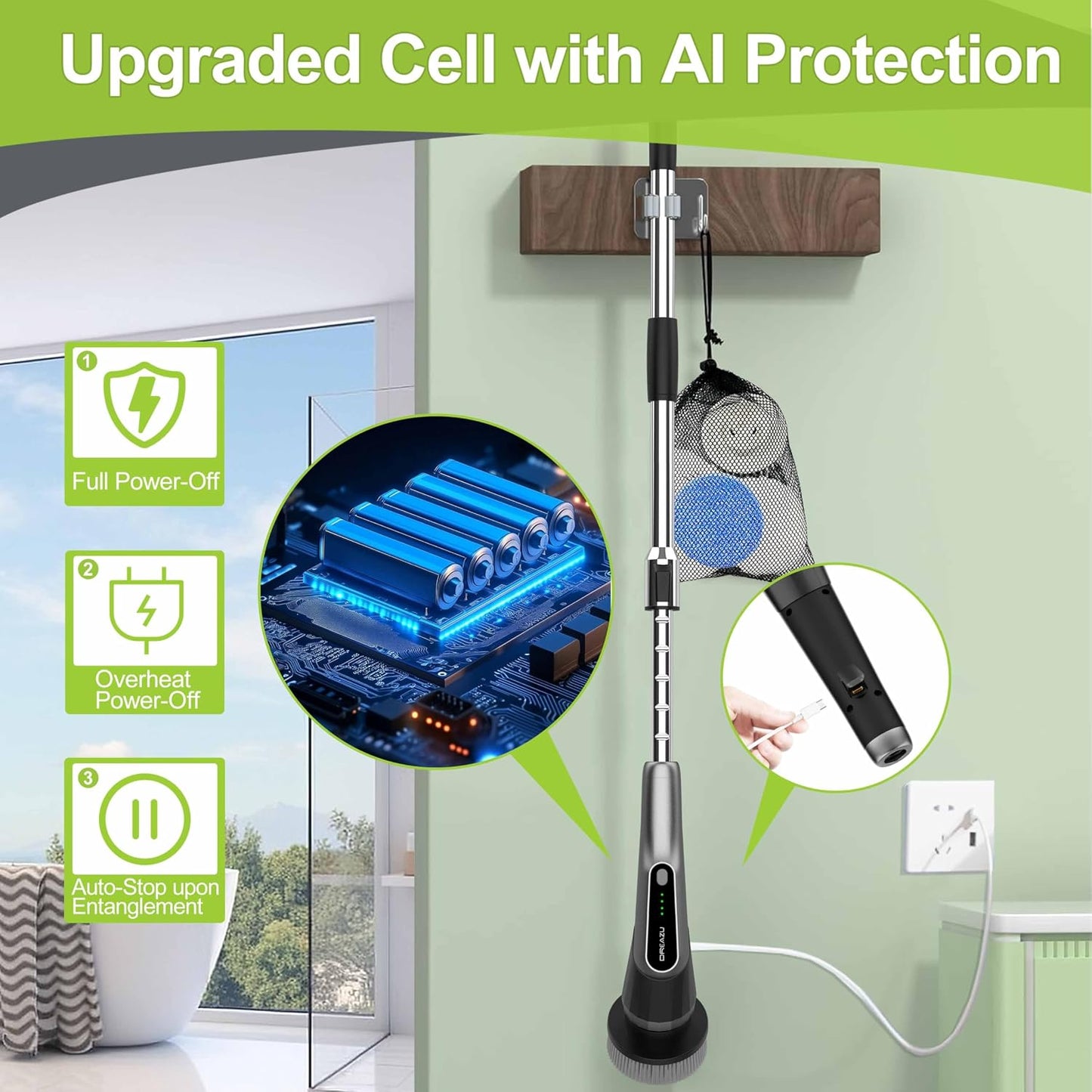 G2 Electric Spin Scrubber - Upgraded 10-in-1 IPX7 Waterproof Shower Cleaner Brush Retractable Handle & 2-Speed for Bathroom, Bathtub, Kitchen, Tile Floors