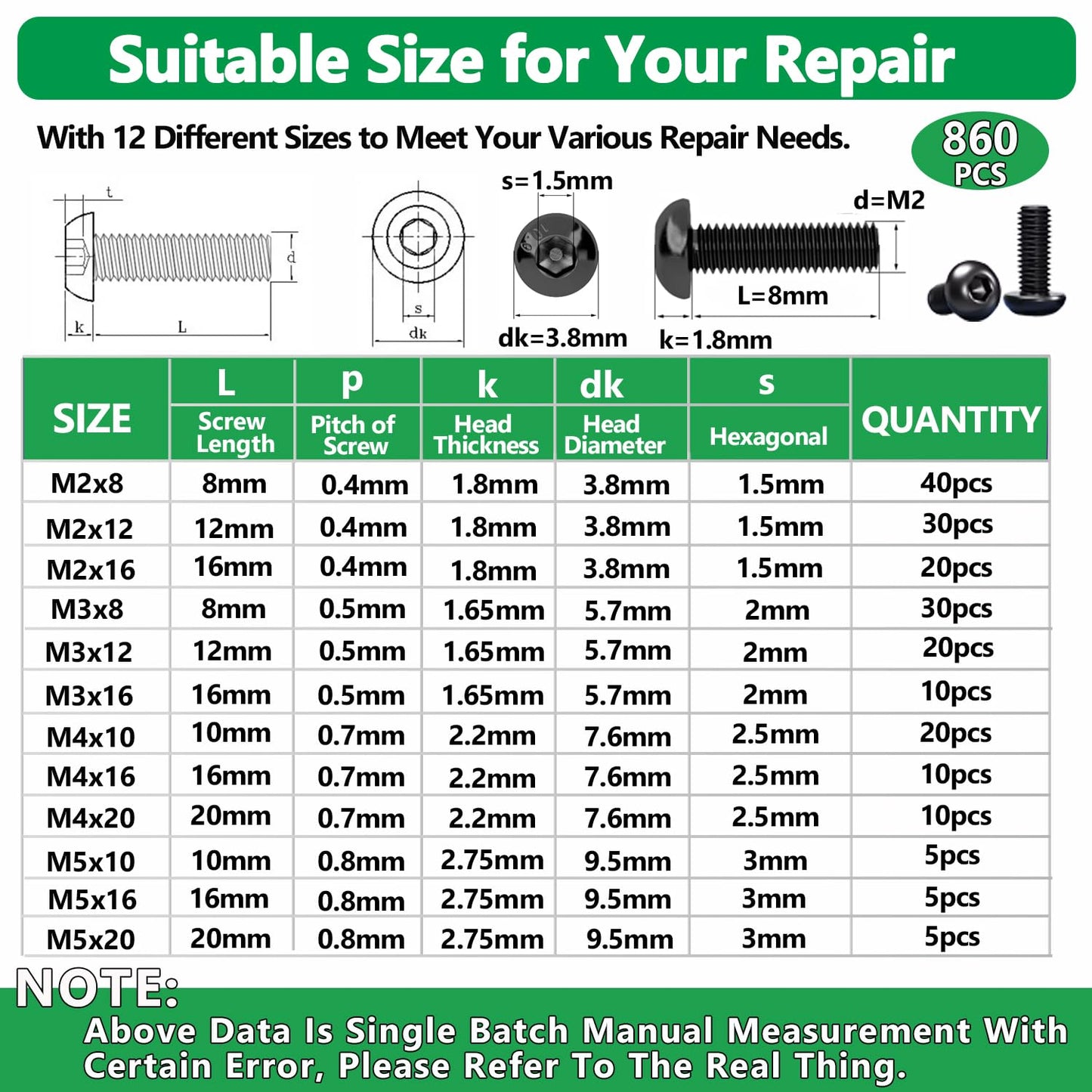 860PCS Metric Screw Assortment Kit, M2 M3 M4 M5 Machine Screws with Lock & Flat Washers, 10.9 Grade Alloy Steel, Metric Hex Button Head Cap Nuts and Bolts Assortment Kit with 4 Wrenches