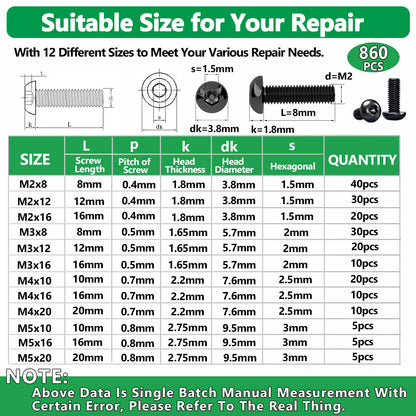 860PCS Metric Screw Assortment Kit, M2 M3 M4 M5 Machine Screws with Lock & Flat Washers, 10.9 Grade Alloy Steel, Metric Hex Button Head Cap Nuts and Bolts Assortment Kit with 4 Wrenches