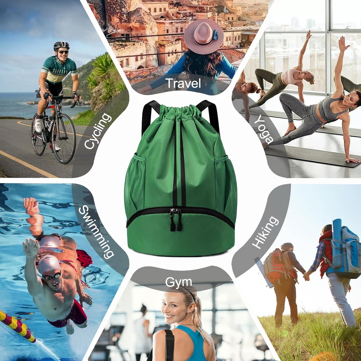 Hoedia Sports Drawstring Backpack - String Swim Gym Bag with Shoes Compartment and Wet Proof Pocket for Women/Men