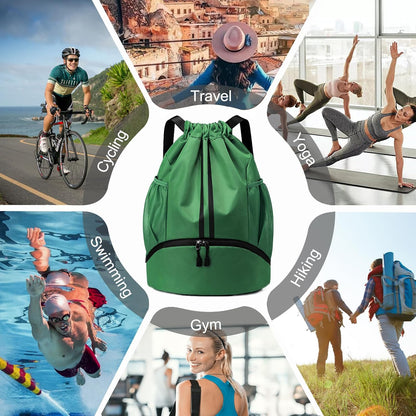 Hoedia Sports Drawstring Backpack - String Swim Gym Bag with Shoes Compartment and Wet Proof Pocket for Women/Men
