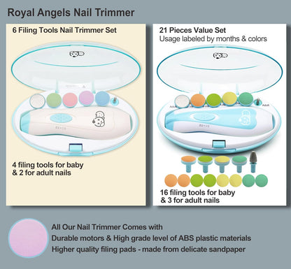 Royal Angels Rechargeable Baby Nail Clippers 20 in 1, Safe Electric Nail Trimmer, Baby Nail Kit, Additional Replacements, Newborn Toddler Toes and Fingernails, Trim and Polish (Rechargeable, Snow)