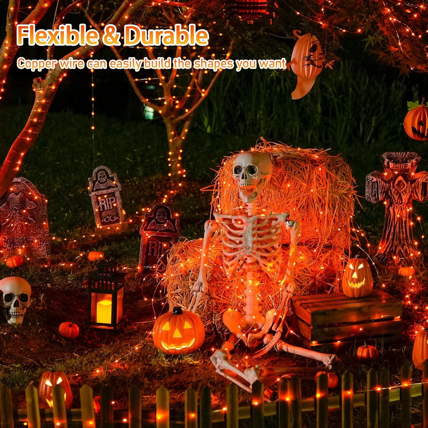 Solar Halloween Decoration Lights, JMEXSUSS 2 Pack 33FT 100 LED Orange and Purple Halloween String Lights, Halloween Lights with 8 Modes for Halloween Tree Yard Outdoor Spooky Party Garden Decorations
