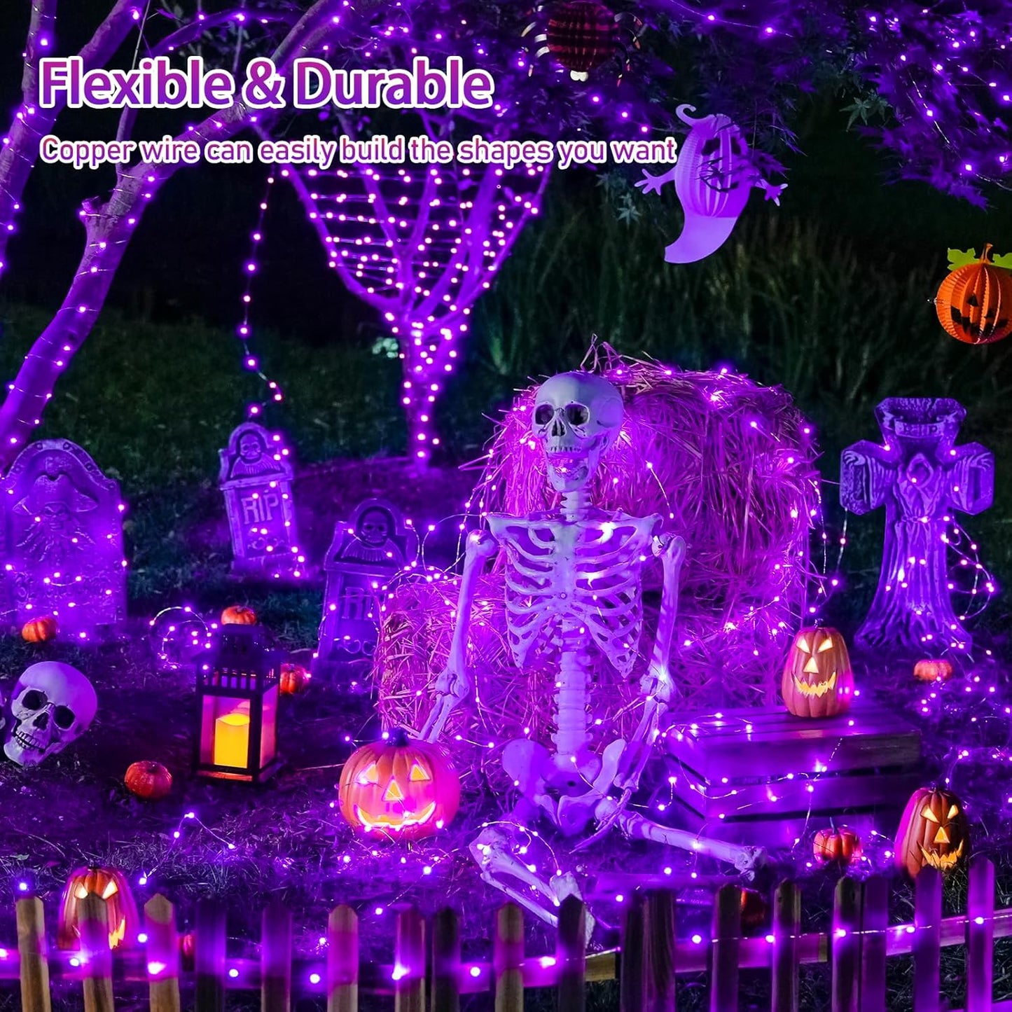 Solar Halloween Decoration Lights, JMEXSUSS 2 Pack 33FT 100 LED Orange and Purple Halloween String Lights, Halloween Lights with 8 Modes for Halloween Tree Yard Outdoor Spooky Party Garden Decorations