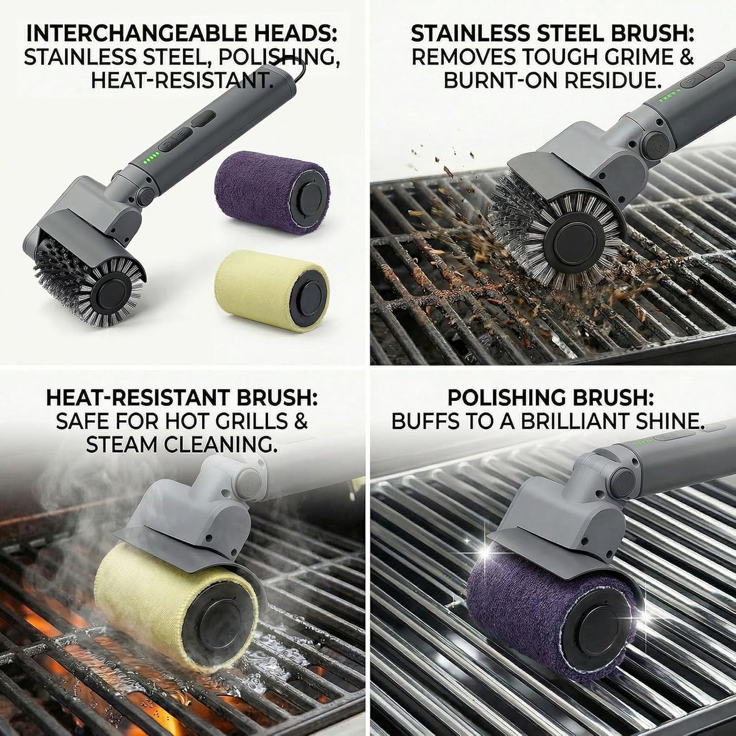 Electric Grill Brush 3-in-1 Kit – Cordless BBQ Cleaner with Reinforced Safe Metal Bristles – 2 Hours Runtime, Waterproof & Dishwasher Safe Removable Brushes for Deep Cleaning (Light Gray)