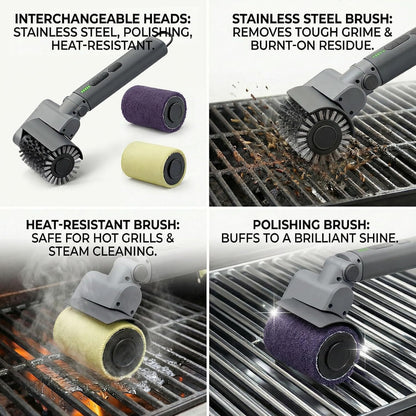 Electric Grill Brush 3-in-1 Kit – Cordless BBQ Cleaner with Reinforced Safe Metal Bristles – 2 Hours Runtime, Waterproof & Dishwasher Safe Removable Brushes for Deep Cleaning (Light Gray)