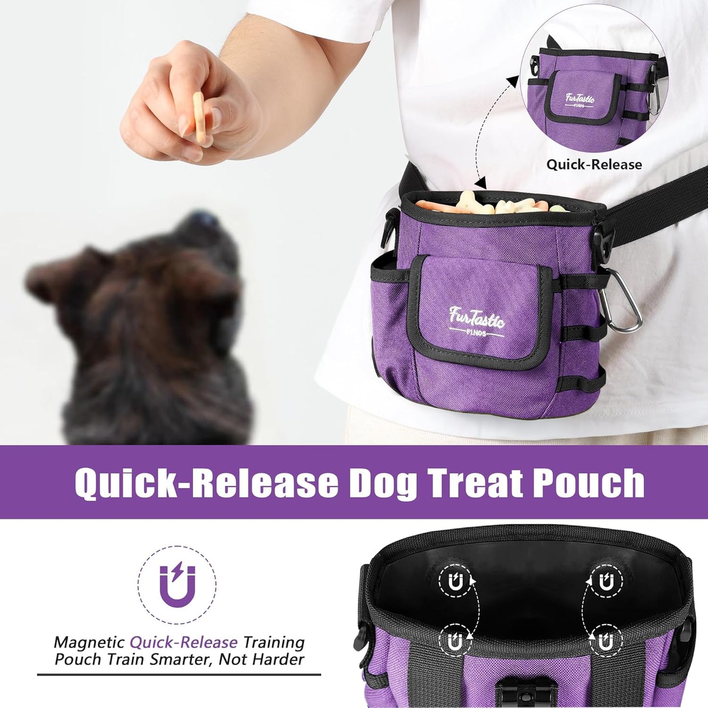 FurtasticFinds Dog Treat Pouch with Quick-Release Magnetic Closure, 3-Way Wear Treat Bags, 900D Waterproof Fabric, 4 Storage Spaces, Treat Pouch for Pet Training Walking (Green)