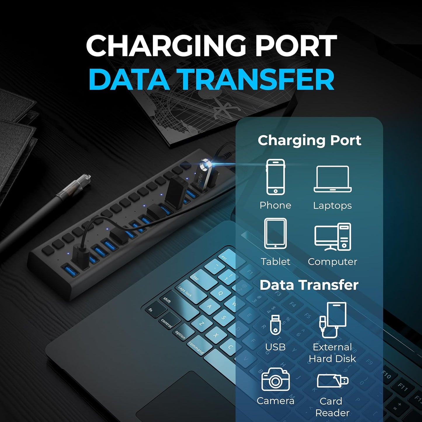 SABRENT16 Port USB hub 3.2 x1 and Charger 90W, with Power Adapter, Fast Powered Data hub, Multiple USB Charging, USB Docking Station, multiport hubs, LEDs on/Off Switch, Mount Bracket Included