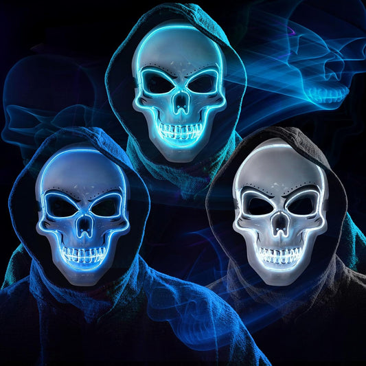 Liliful 3 Pcs Halloween Mask LED Scary Skull Light up Costumes with El Wire 3 Flashing Modes Skeleton Mask Accessories