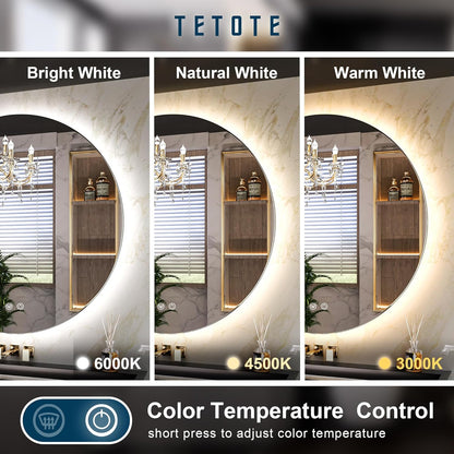 TETOTE 28 Inch Round LED Bathroom Vanity Mirror, Anti-Fog Dimmable Lights IP54 Waterproof Circle Makeup Wall Mounted Mirror