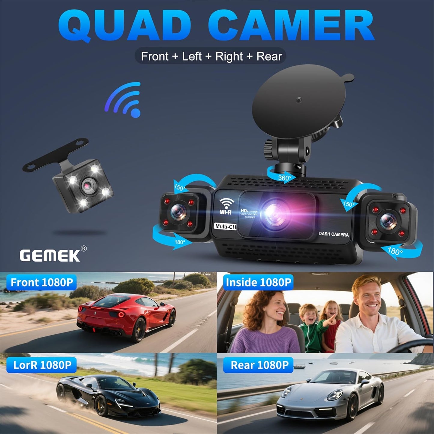 4 Channel Dash Cam 360° View 5G WiFi & APP Control, GEMEK 2K Front and Rear Inside, Left Right Dash Camera for Cars Free 64GB TF Card, G-Sensor, Night Vision, 24H Parking Mode