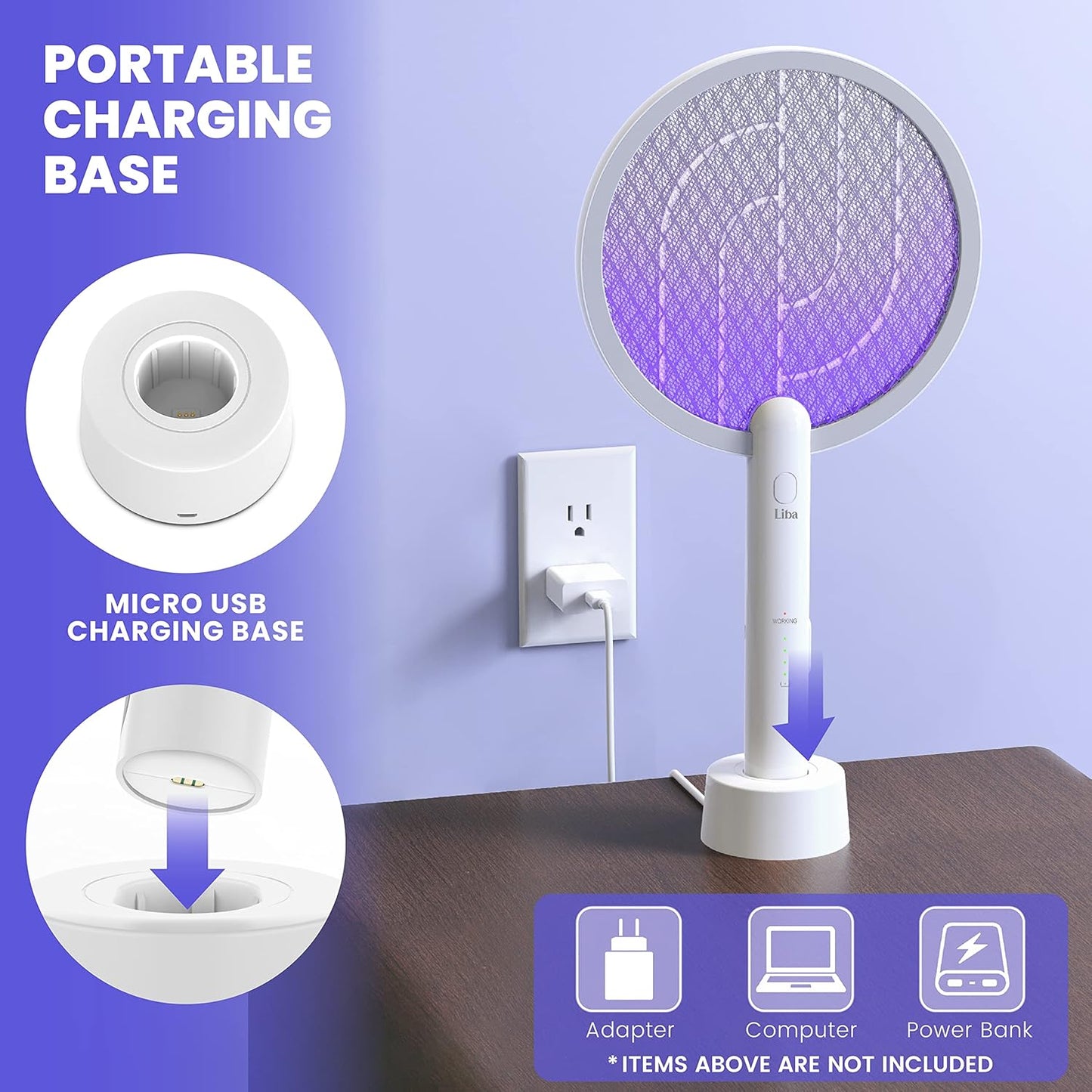 LiBa Electric Fly Swatter Racket, 2 in 1 Electric Bug Zapper USB Rechargeable, 4000V Indoor Outdoor Mosquito Zapper with 5 Layer Safety Mesh, Cordless Insect Killer Trap Home Office Camping Patio